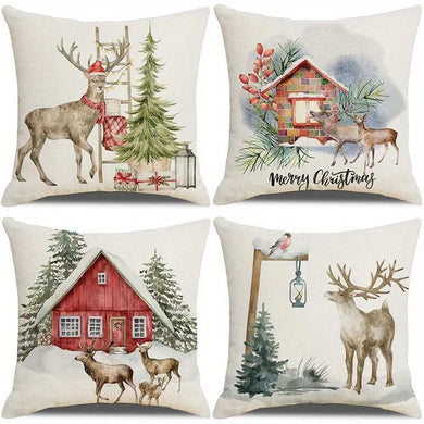 Set of 4 Elk Christmas Throw Pillows